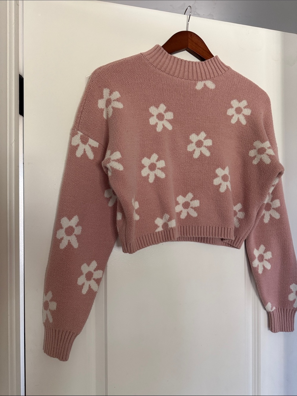 Hollister Pink Cropped Floral Crewneck Sweater